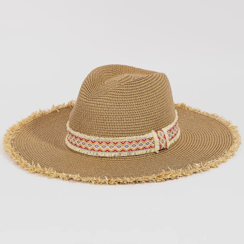 Stylish Tan Sun Hat with Patterned Band